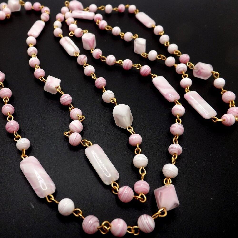 Pink Art Glass Beaded Necklace, Gold Tone Wire Wrap, Vintage, 23 Inch, No Clasp